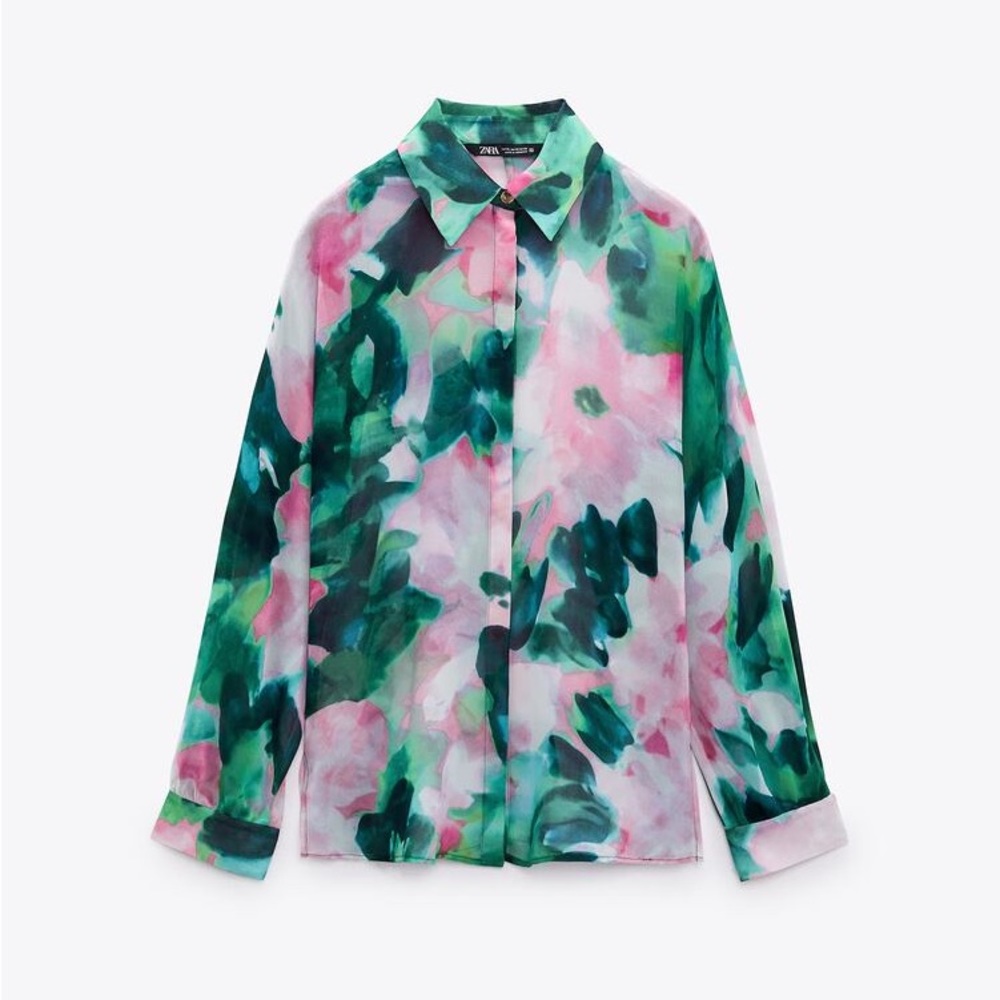 Zara Flowing Green Pink Floral Sheer Long Sleeve Blouse